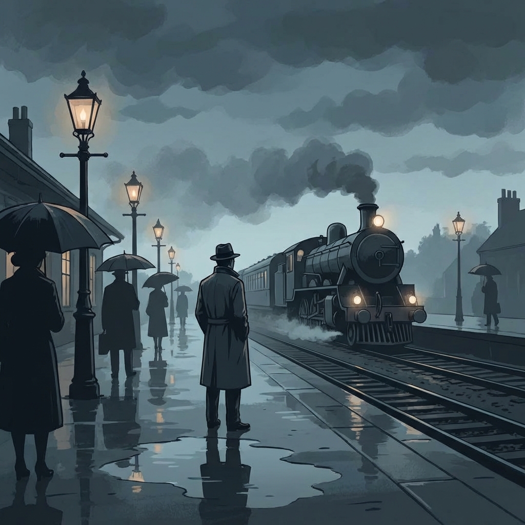Melancholic cinematic illustration of a rainy train station platform