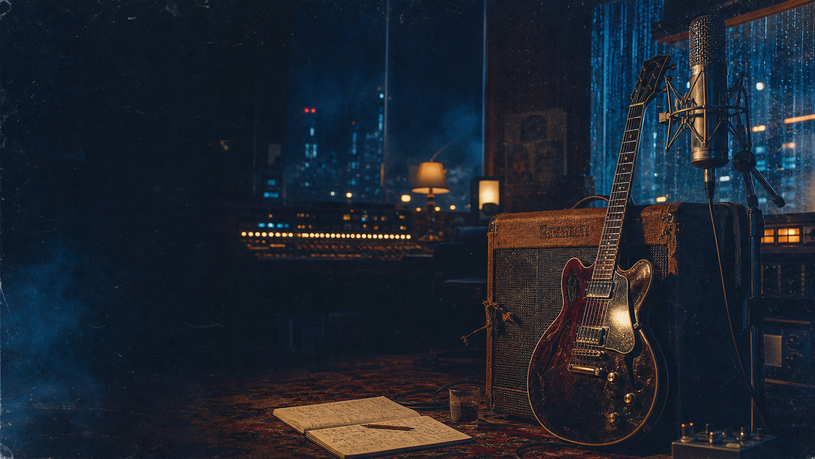 Electric guitar and microphone in a late-night recording studio