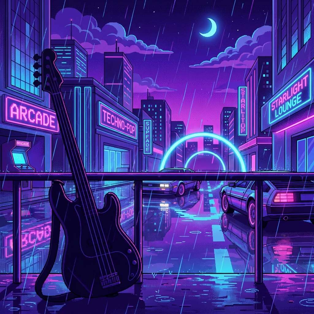 80s synthwave aesthetic illustration with neon city street and bass guitar