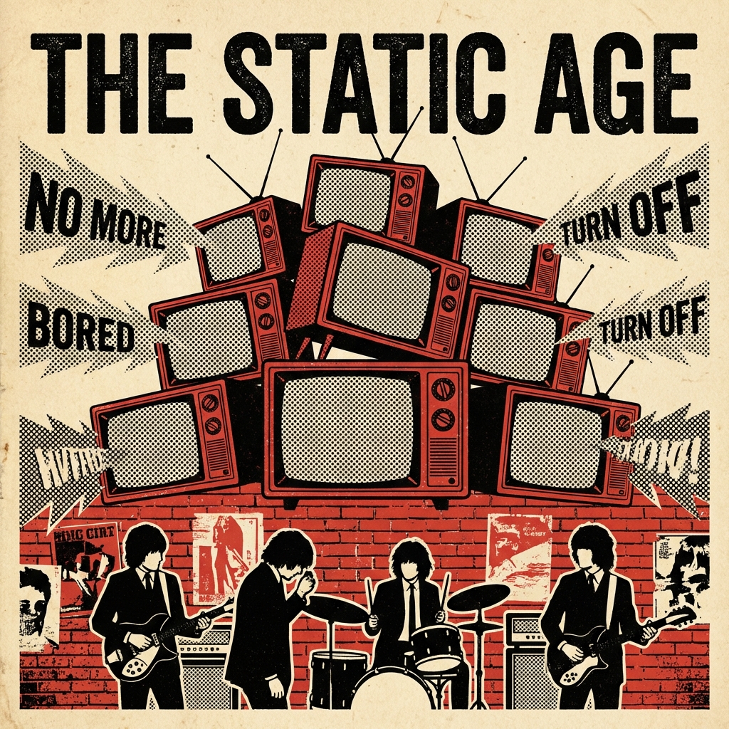 60s mod rock illustration with vintage TV sets and rebellious vibe