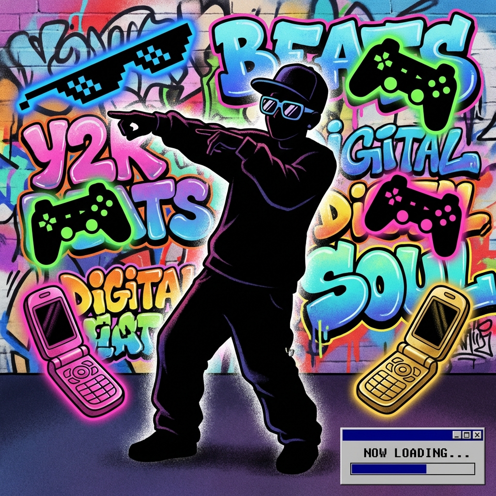2000s hip hop aesthetic illustration with Soulja Boy dance silhouette