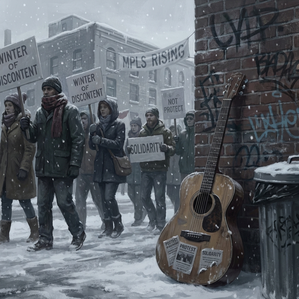 Gritty winter street scene in Minneapolis with protest flyers and acoustic guitar