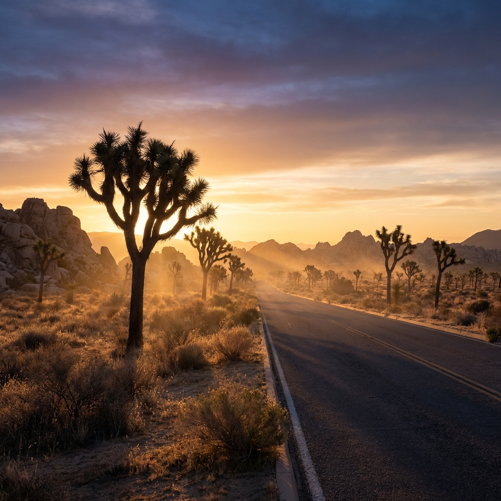 Vast desert landscape at sunrise with Joshua Tree aesthetic